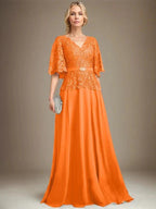 A-line V-Neck Floor-Length Chiffon Lace Mother of the Bride Dress With Crystal Brooch Rhinestone by Dreamylily