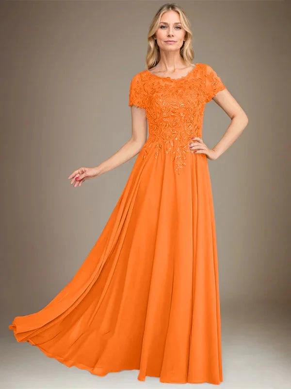 A-Line Scoop Floor-Length Chiffon Mother of the Bride Dress With Applique & Sequins by Dreamylily