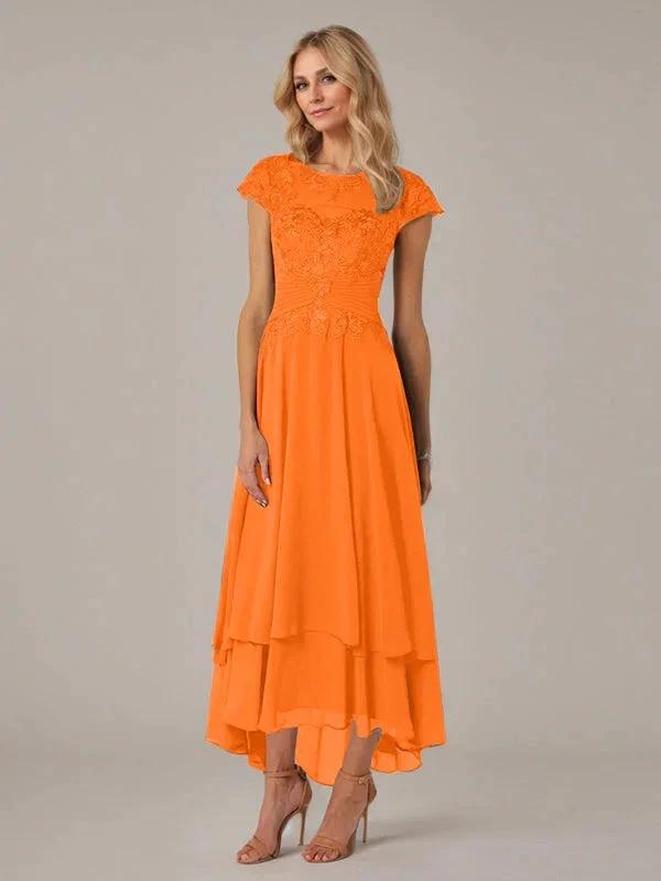 A-line Boat Neck Illusion Asymmetrical Chiffon Lace Mother of the Bride Dress With Applique Pleats by Dreamylily