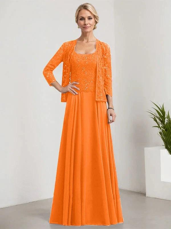 A-line Square Floor-Length Lace Chiffon Mother of the Bride Dress With Sequins by Dreamylily