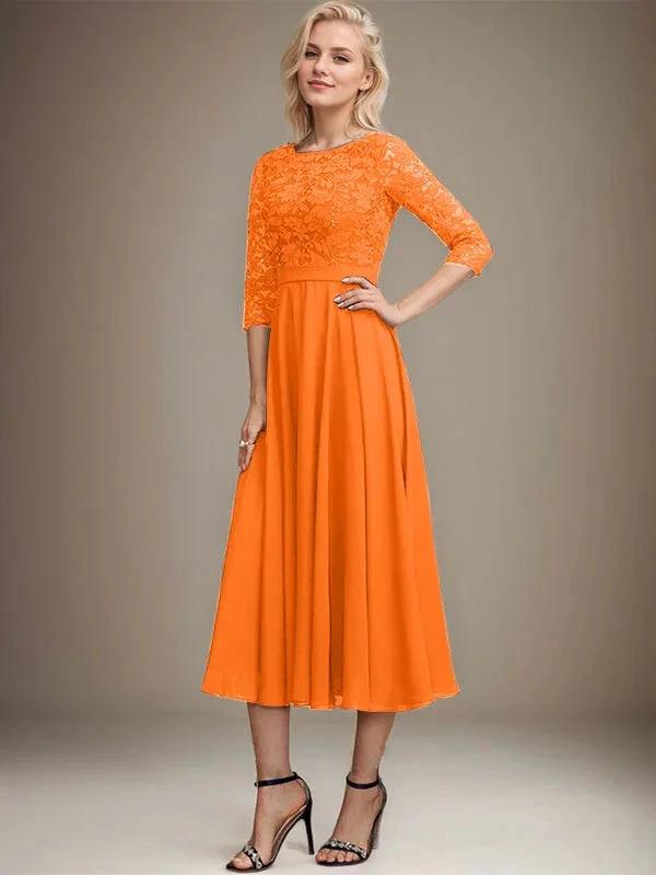 A-line Scoop Tea-Length Lace Chiffon Mother of the Bride Dress With Sequins by Dreamylily