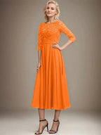 A-line Scoop Tea-Length Lace Chiffon Mother of the Bride Dress With Sequins by Dreamylily