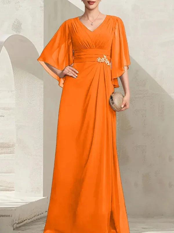 Sheath/Column V-Neck Floor-Length Chiffon Mother of the Bride Dress With Pleated Sequins Beading by Dreamylily