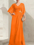 Sheath/Column V-Neck Floor-Length Chiffon Mother of the Bride Dress With Pleated Sequins Beading by Dreamylily