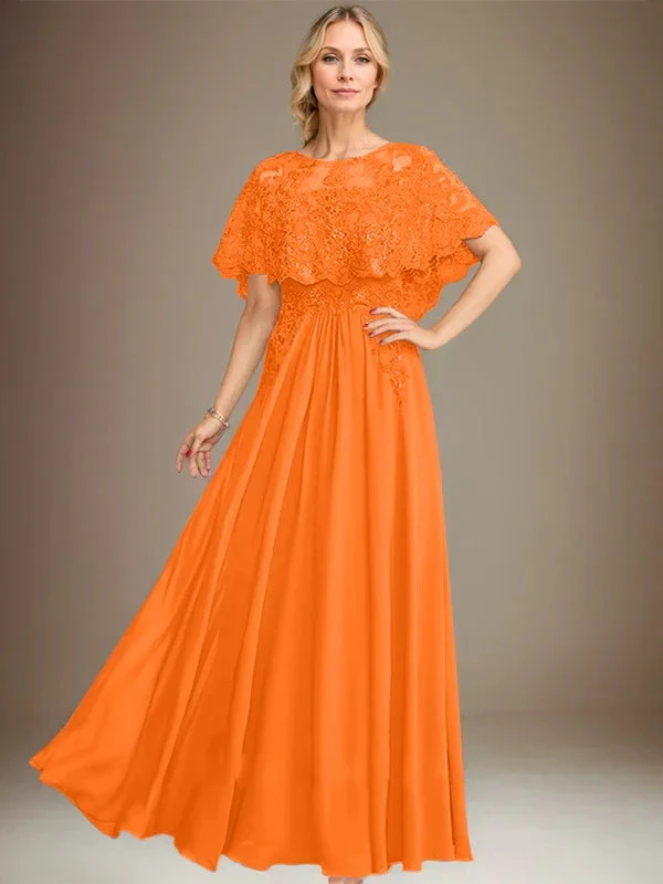 A-line Boat Neck Floor-Length Lace Chiffon Mother of the Bride Dress With Applique Sequins by Dreamylily