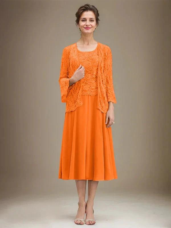 A-line Scoop Tea-Length Lace Chiffon Mother of the Bride Dress With Sequins by Dreamylily
