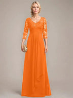 A-line V-Neck Floor-Length Lace Chiffon Mother of the Bride Dress With Cascading Ruffles Sequins by Dreamylily