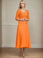 A-line Square Tea-Length Chiffon Lace Mother of the Bride Dress With Sequins Beading by Dreamylily