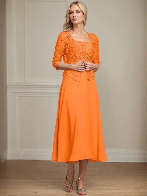 A-line Square Tea-Length Chiffon Lace Mother of the Bride Dress With Sequins Beading by Dreamylily