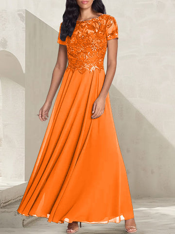 Vestido largo de madre de la novia con escote redondo, corte A, color gris carbón y cuentas