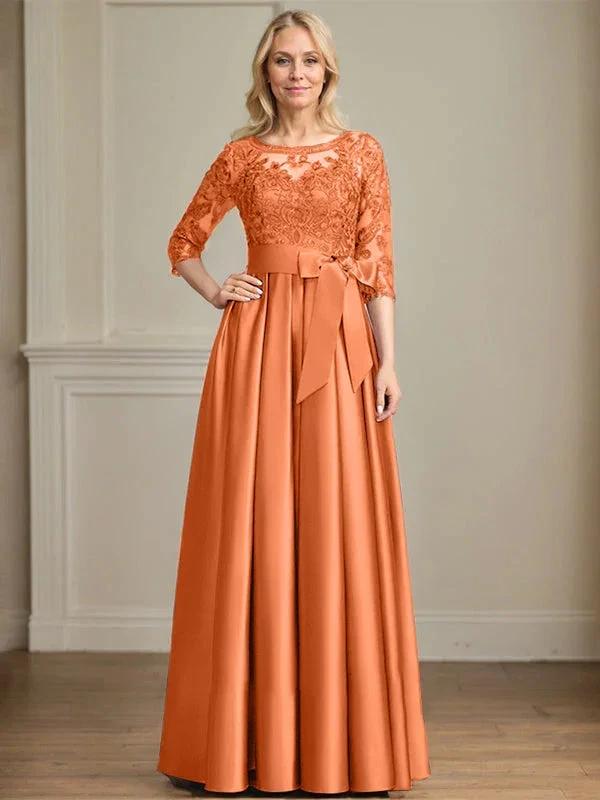 A-line Scoop Illusion Floor-Length Satin Lace Mother of the Bride Dress With Sequins Bow by Dreamylily