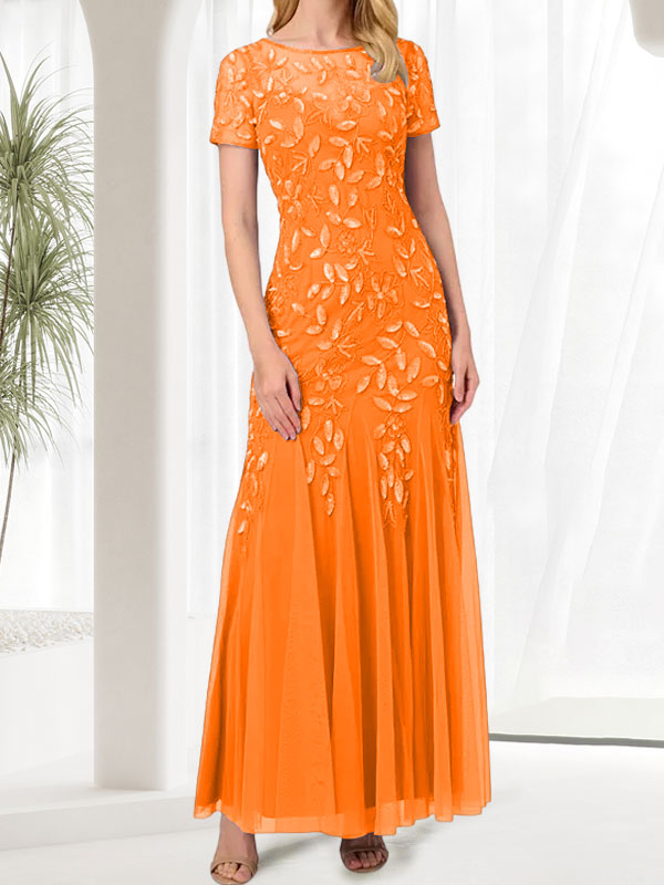 Blue Mermaid Round Neck Long Mother of the Bride Dress With Beadings