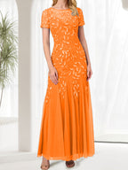 Blue Mermaid Round Neck Long Mother of the Bride Dress With Beadings