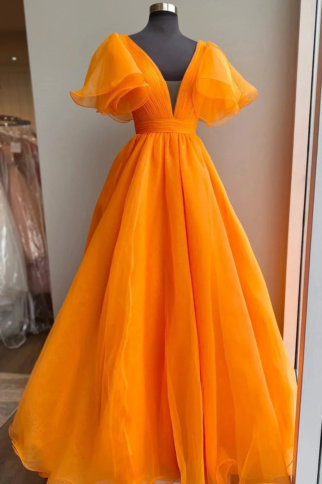 Orange Plunge V Ruffled Sleeve A-Line Long Formal Dress by KissProm