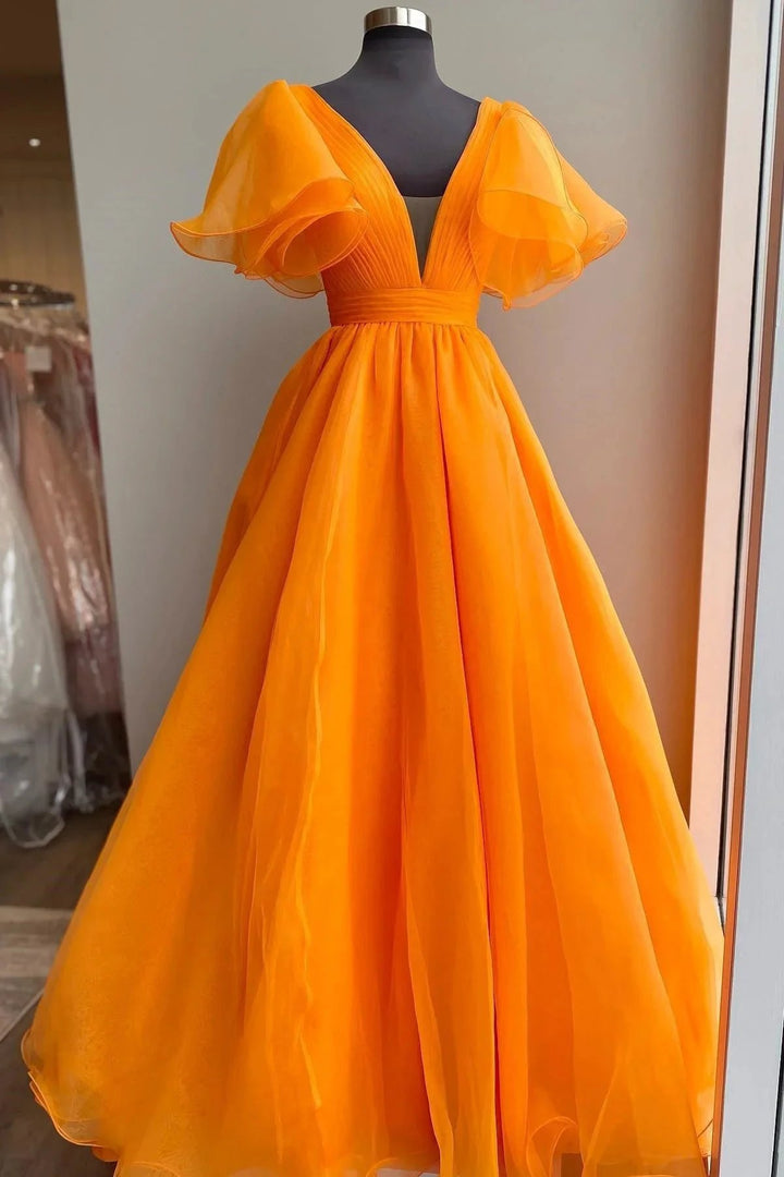 Orange Plunge V Ruffled Sleeve A-Line Long Formal Dress by KissProm