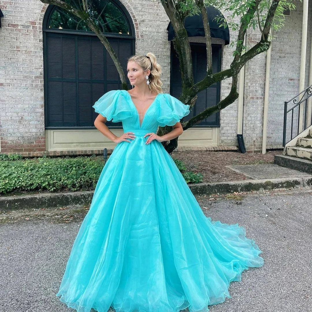 Orange Plunge V Ruffled Sleeve A-Line Long Formal Dress by KissProm