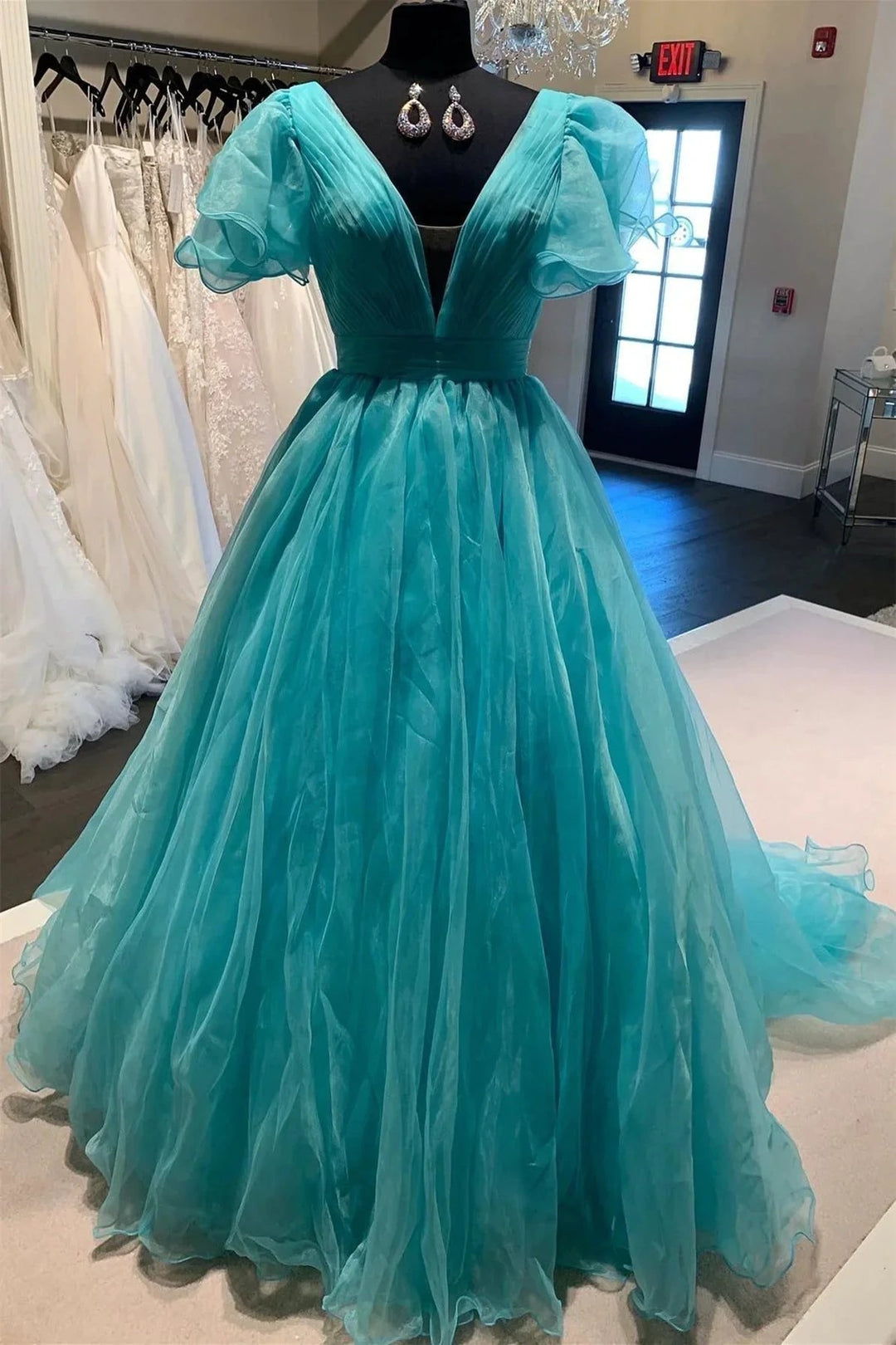 Orange Plunge V Ruffled Sleeve A-Line Long Formal Dress by KissProm