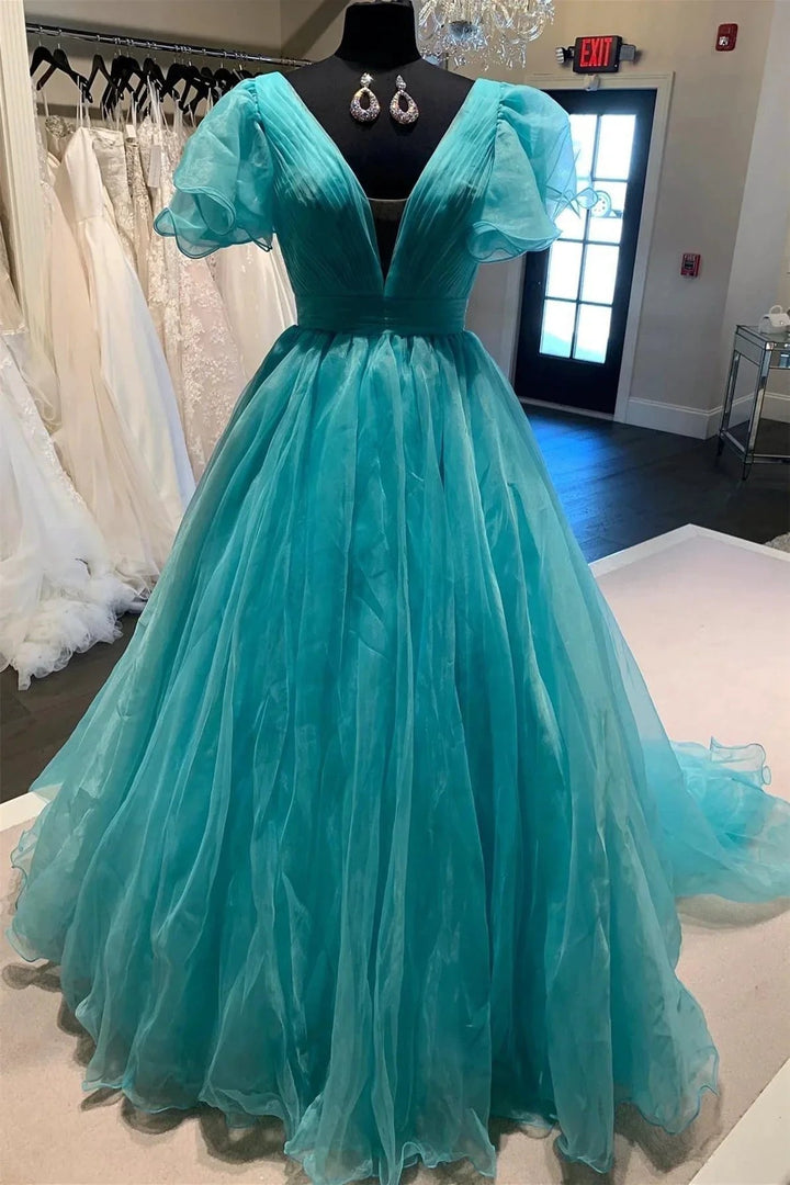 Orange Plunge V Ruffled Sleeve A-Line Long Formal Dress by KissProm