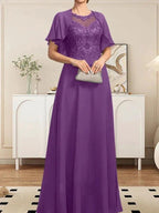 A-line Scoop Illusion Floor-Length Lace Chiffon Mother of the Bride Dress With Sequins by Dreamylily