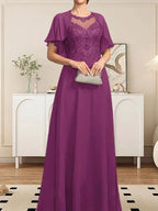 A-line Scoop Illusion Floor-Length Lace Chiffon Mother of the Bride Dress With Sequins by Dreamylily