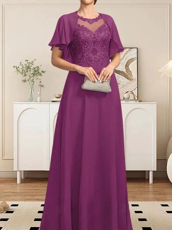 A-line Scoop Illusion Floor-Length Lace Chiffon Mother of the Bride Dress With Sequins by Dreamylily