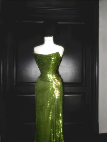 Unique Strapless Green Sequin Prom Dress Long Mermaid Evening Dress Y8659