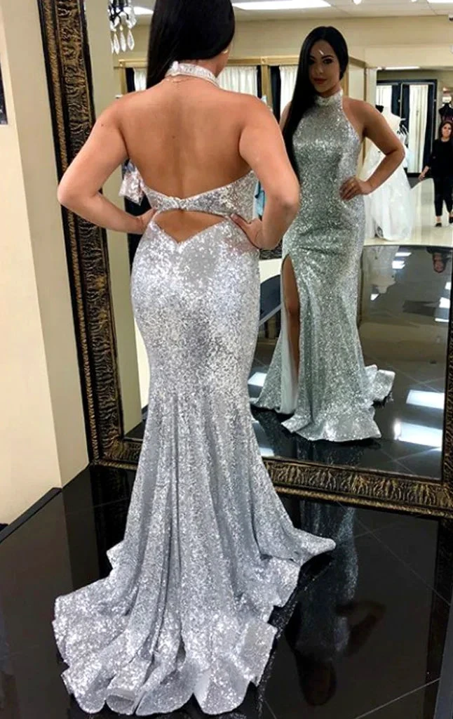 Halter Mermaid Sequin Prom Dress Silver Formal Evening Gown Y1506 by simplepromdress