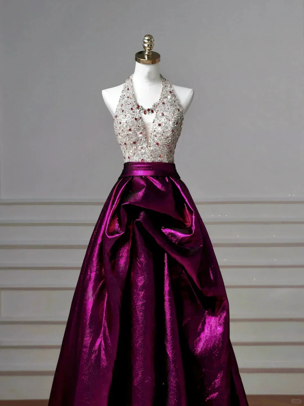Classy Halter Purple Beaded Satin A Line Prom Dress Long Evening Dress Y8609 by simplepromdress