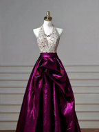Classy Halter Purple Beaded Satin A Line Prom Dress Long Evening Dress Y8609 by simplepromdress