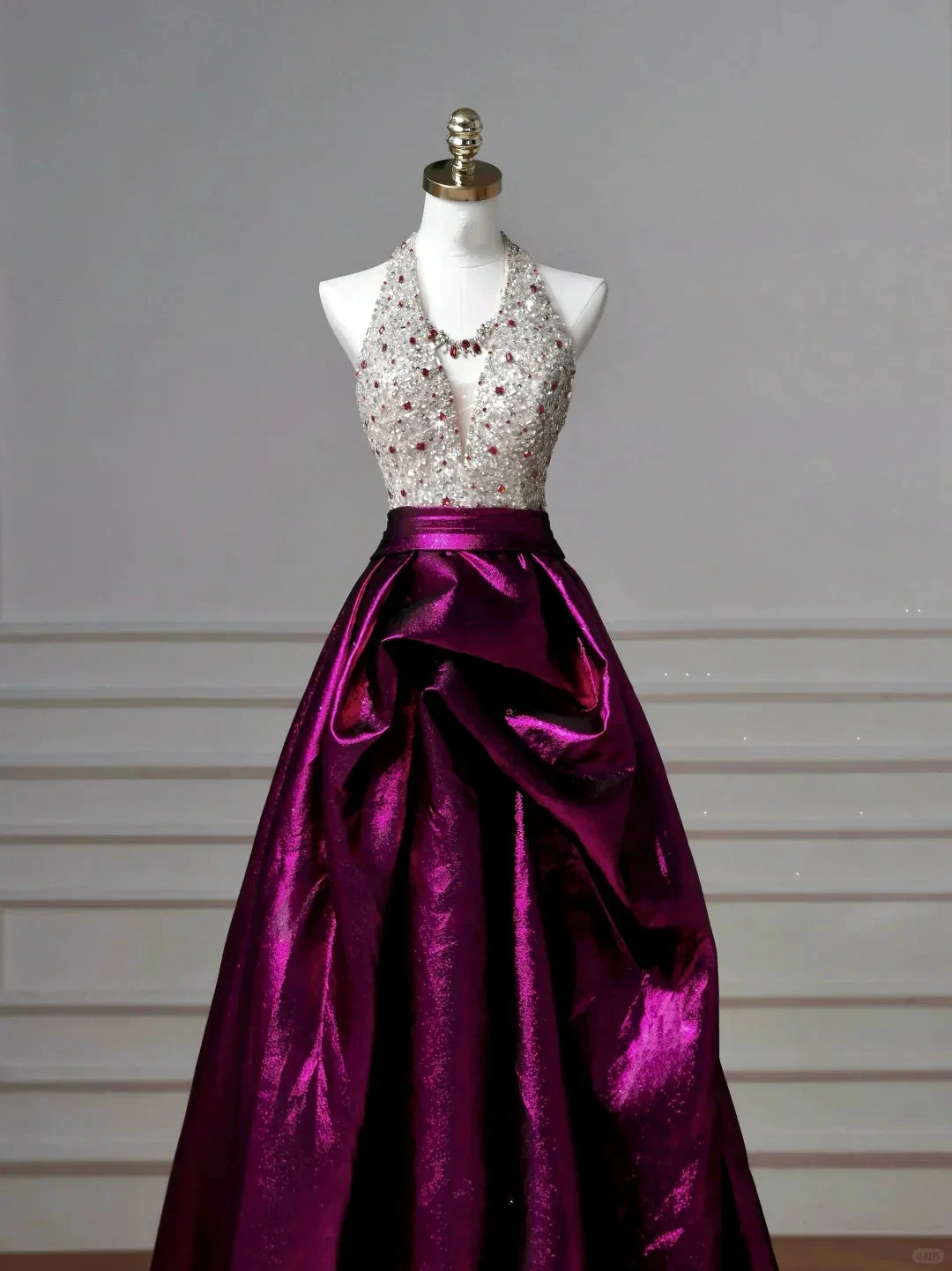 Classy Halter Purple Beaded Satin A Line Prom Dress Long Evening Dress Y8609 by simplepromdress