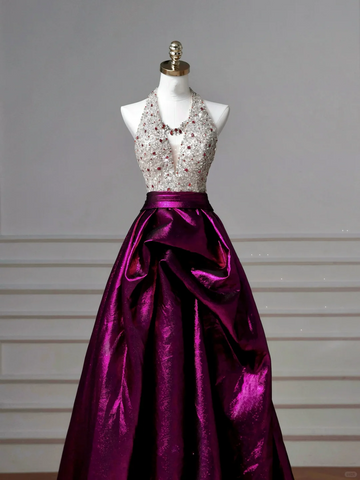 Classy Halter Purple Beaded Satin A Line Prom Dress Long Evening Dress Y8609