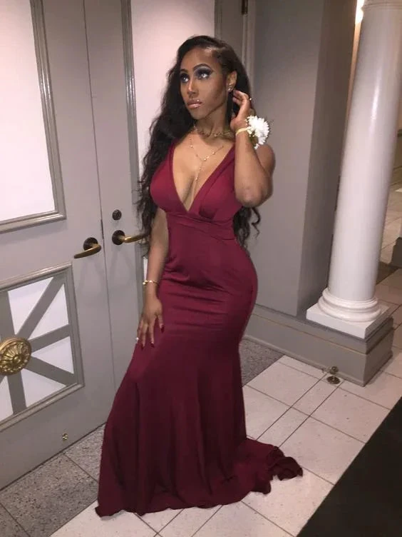 Elegant Burgundy Mermaid Evening Dress with V-neck Y6340 by simplepromdress