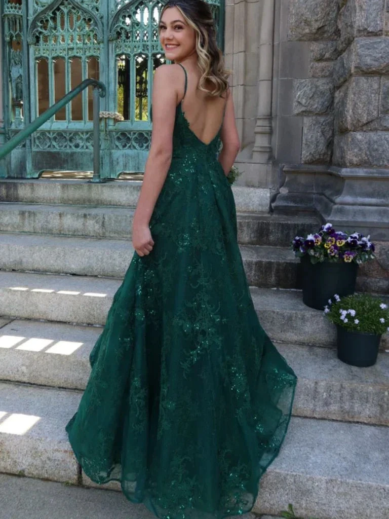 A Line V Neck Green Lace Long Prom Dresses, Green Lace Formal Dresses, Green Evening Dresses Y4079 by simplepromdress