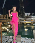 Elegant Hot Pink Strapless Evening Dress With Feathers Y6728 by simplepromdress