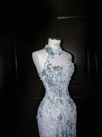 Dream Blue Tulle Sequins Appliques Mermaid Evening Dress Long Prom Dress Y8673