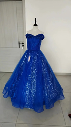 Light Blue Off The Shoulder Tulle Lace Appliques Princess Dresses Glitter Ball Gown Y8129 by simplepromdress