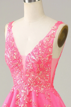 Fuchsia Sequined V Neck Backless Short Homecoming Dress Y4093 by simplepromdress