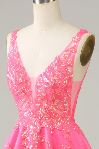 Fuchsia Sequined V Neck Backless Short Homecoming Dress Y4093