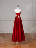 Gorgeous Red Satin Sequin Embroidery A Line Prom Dress Strapless Evening Dress Y8631 by simplepromdress