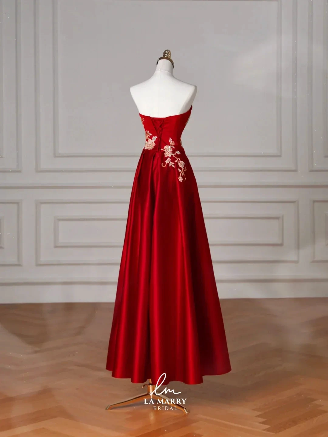 Gorgeous Red Satin Sequin Embroidery A Line Prom Dress Strapless Evening Dress Y8631 by simplepromdress