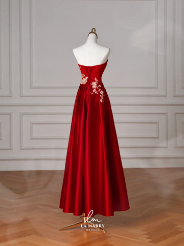 Gorgeous Red Satin Sequin Embroidery A Line Prom Dress Strapless Evening Dress Y8631