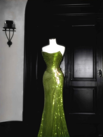 Unique Strapless Green Sequin Prom Dress Long Mermaid Evening Dress Y8659