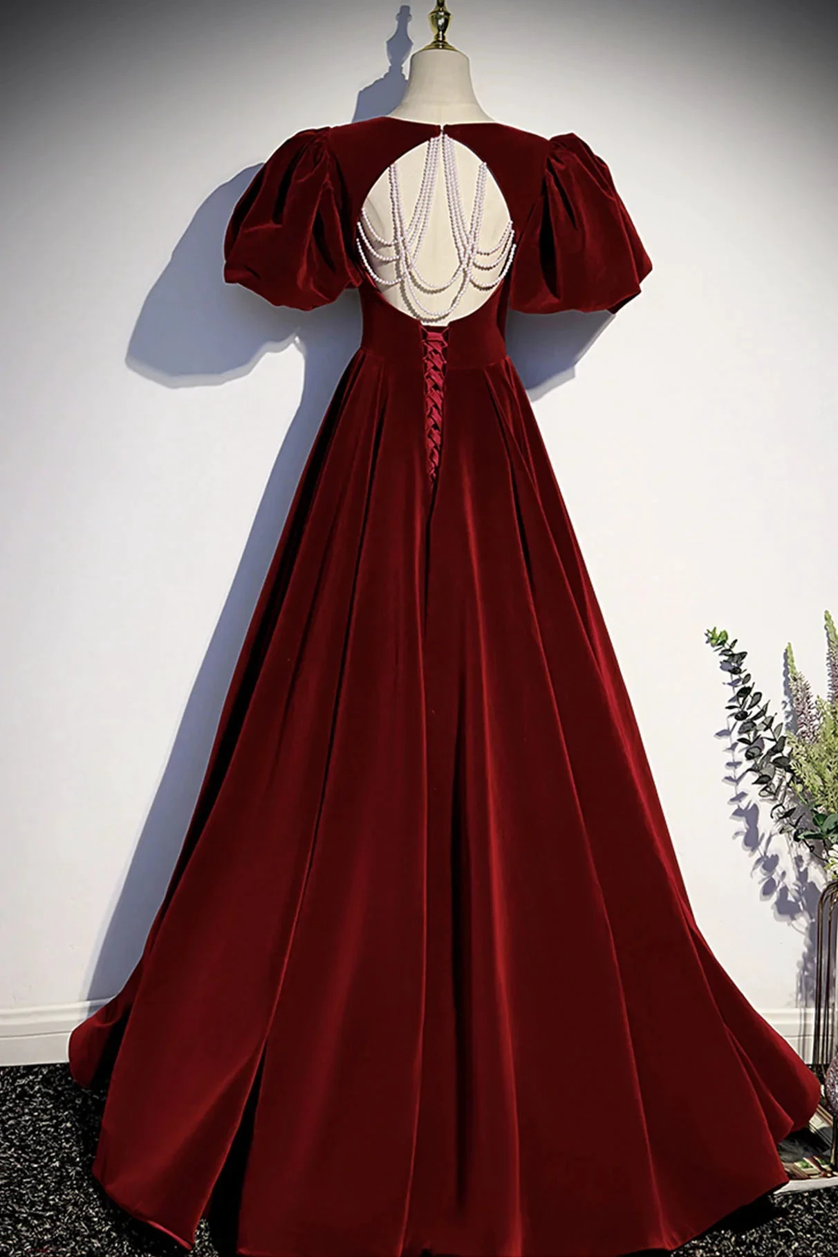 Elegant burgundy velvet evening gown with puff sleeves and pearl chain back, ZAPDRESS