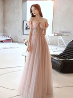Pink Sweetheart Neck Tulle Beads Long Prom Dress, Pink Evening Dress,Y2406 by simplepromdress