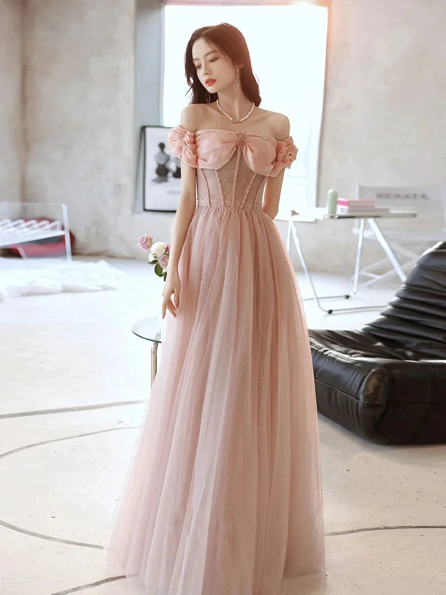Pink Sweetheart Neck Tulle Beads Long Prom Dress, Pink Evening Dress,Y2406 by simplepromdress