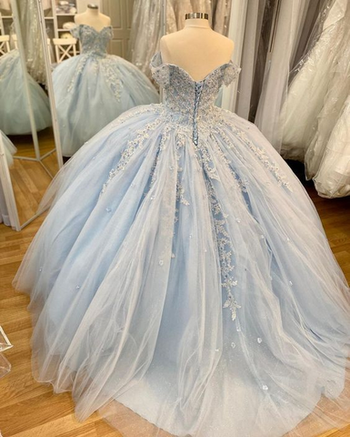 Vestido de tul azul con encaje y hombros descubiertos, vestido azul de quinceañera, vestido princesa Y2061