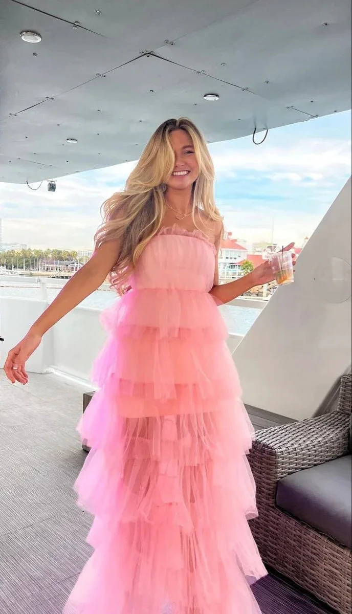 Elegant Pink Tulle Layered Long Prom Dress,Pink Evening Dress Y2303 by simplepromdress