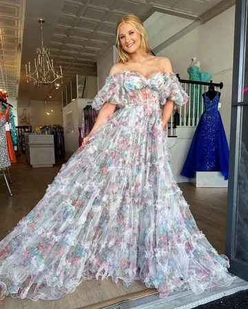 Elegant Off The Shoulder Flowers Long Prom Dress Tulle Evening Dress Y5889 by simplepromdress