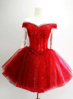 Adorable Red Sweetheart Shiny Tulle Off Shoulder Short Homecoming Dress Red Party Dress Y1212