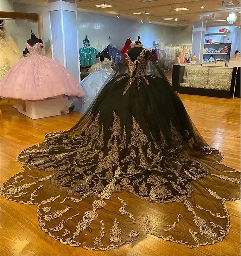 Beading Quinceanera Dresses Sequin Applique Princess Ball Gown With Cape Y1516 by simplepromdress